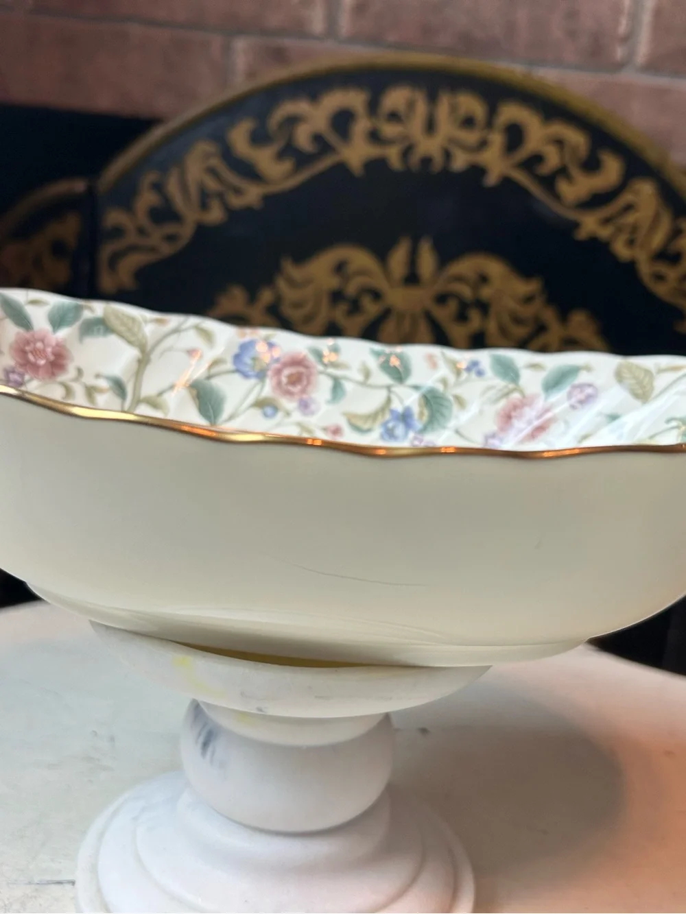 NORITAKE LA PRADA 4703 Bone China Oval Serving Bowl Gold Scalloped Cream Floral